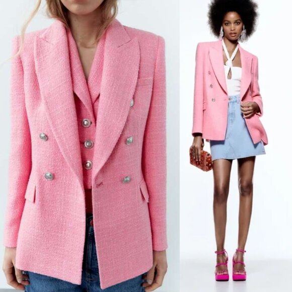 Zara Pink Tweed Textured Double Breasted Blazer Jacket Size S 7553/687 Barbie - Picture 2 of 16